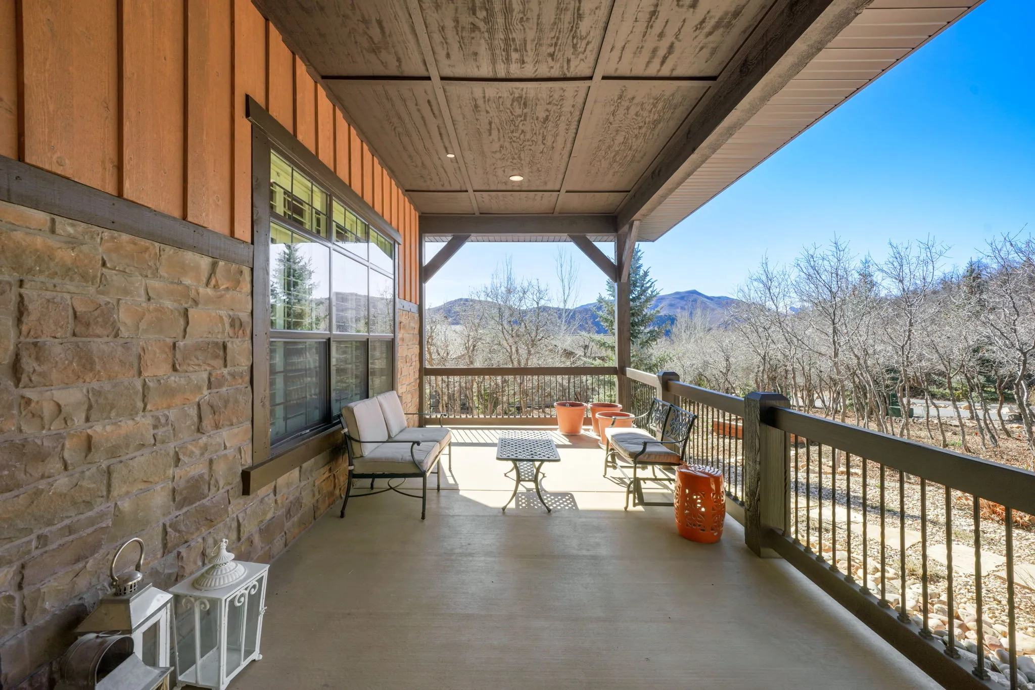 View of patio / terrace featuring a mountain view