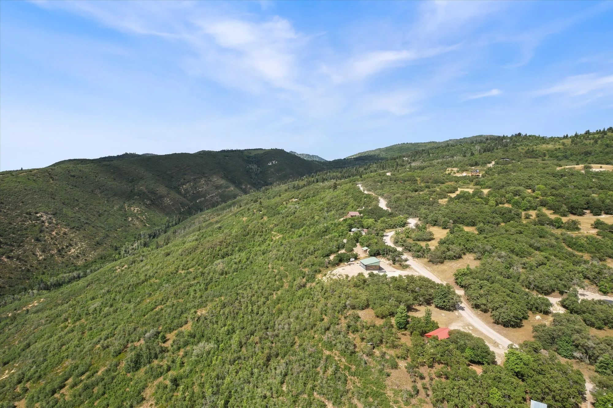 Aerial view of mountains and a heavily wooded area