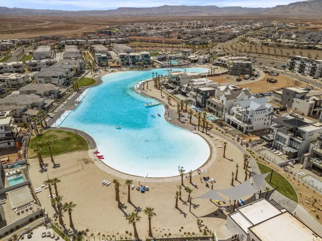 Community pool with a mountain view