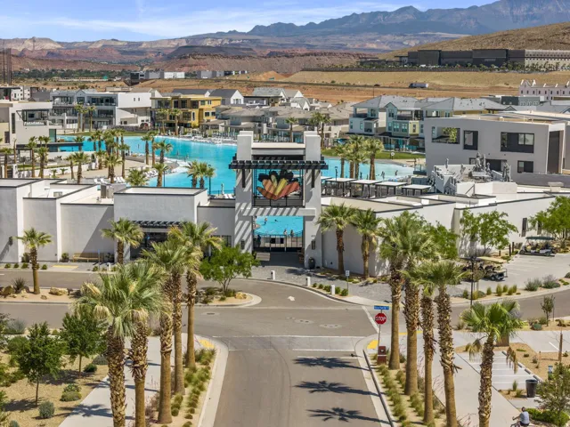 Bird's eye view of a mountainous background and a pool area