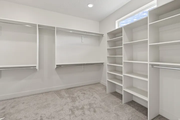 Walk in closet featuring light colored carpet
