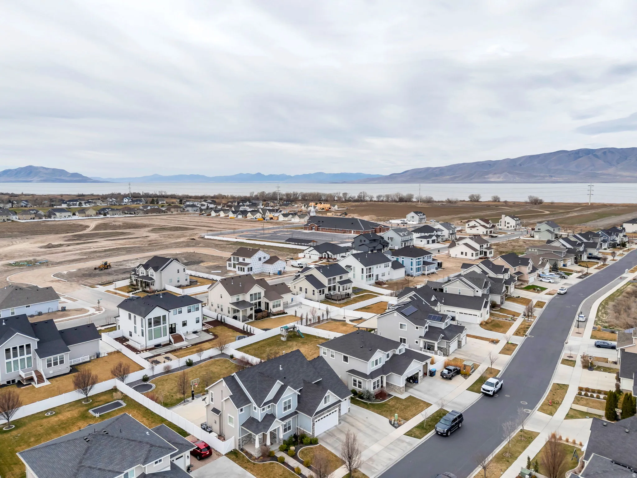 Aerial view of residential area with mountains
