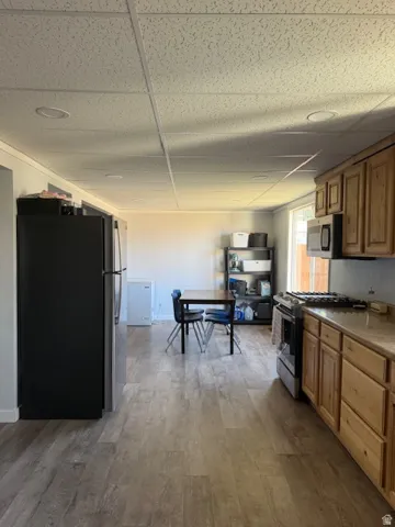 Kitchen with stainless steel appliances, a paneled ceiling, light wood-style floors, light countertops, and wood finish cabinetry