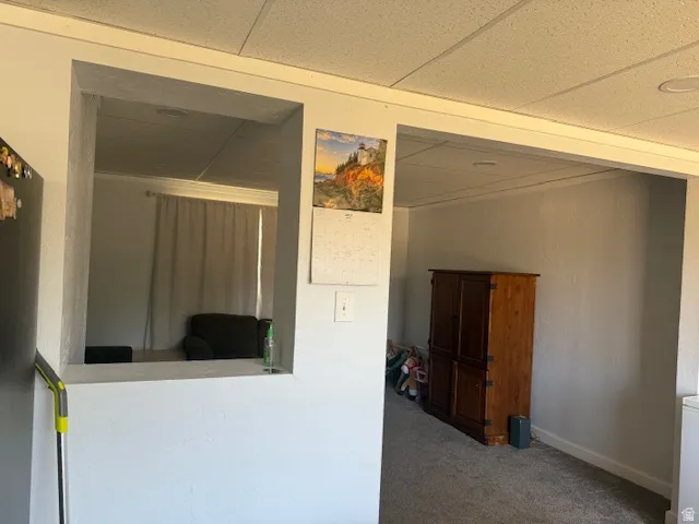 Bedroom featuring carpet flooring, freestanding refrigerator, and a drop ceiling