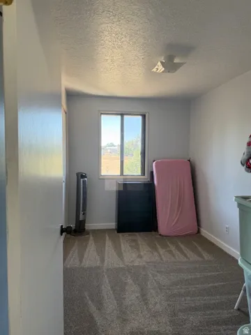 Spare room with dark colored carpet and a textured ceiling