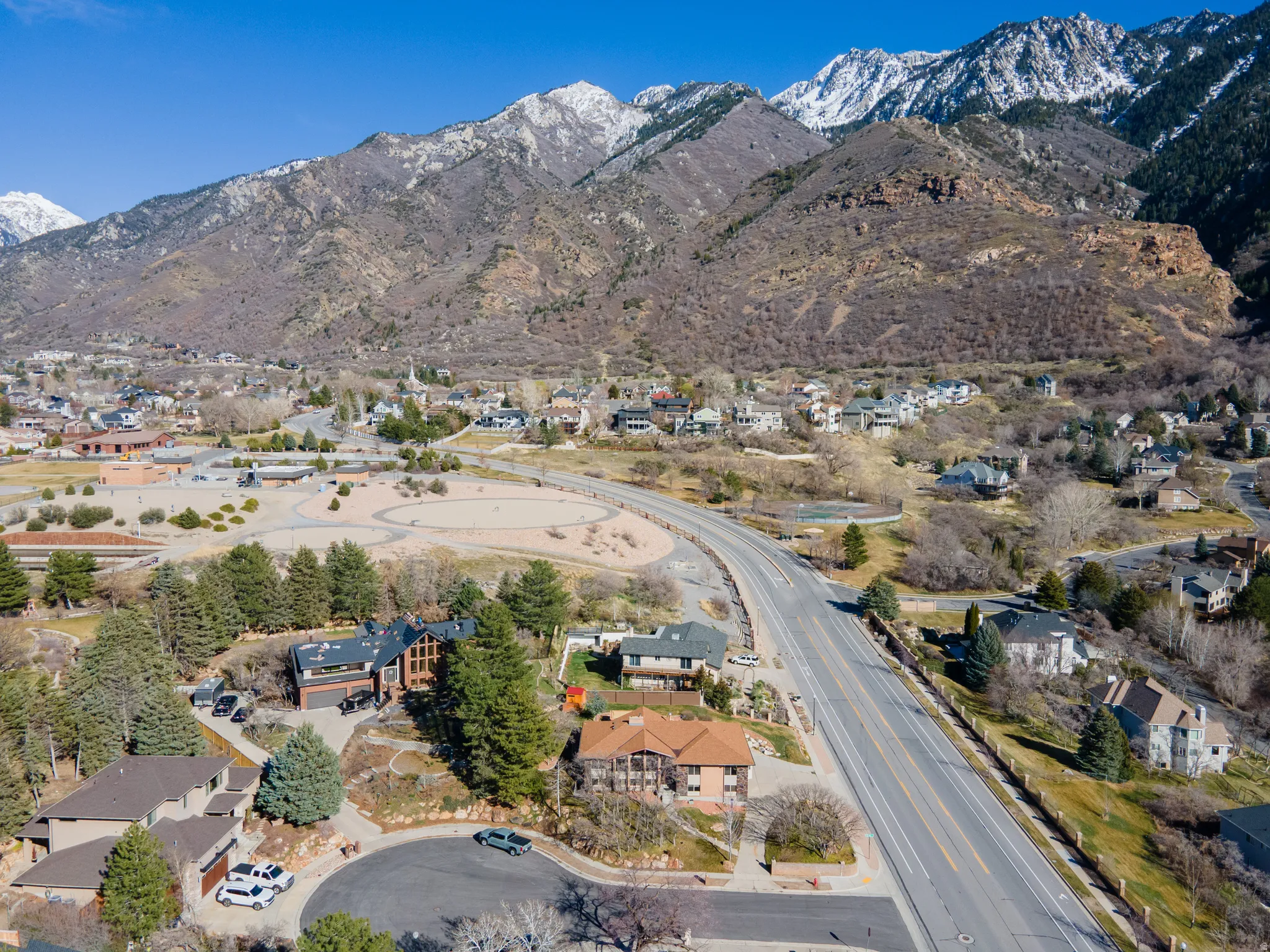 Aerial perspective of suburban area featuring mountains
