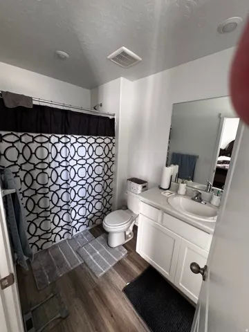 Bathroom with vanity, a shower with shower curtain, dark wood-style floors, and a textured ceiling