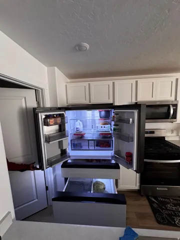 Kitchen featuring white cabinets, stainless steel appliances, and dark wood-type flooring