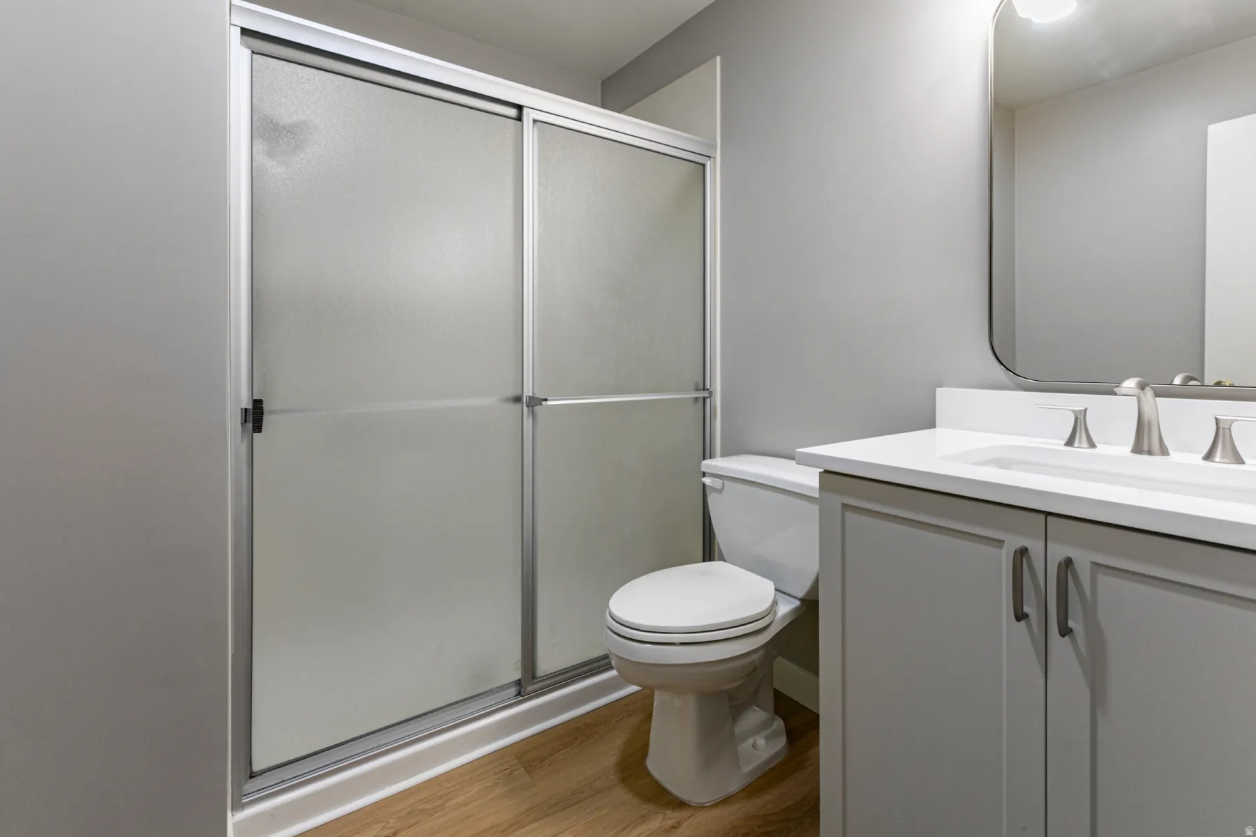 Full bathroom featuring vanity, light wood-style floors, and a stall shower