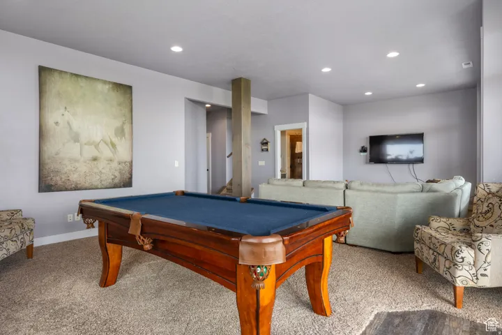 Rec room featuring billiards table, carpet, and recessed lighting