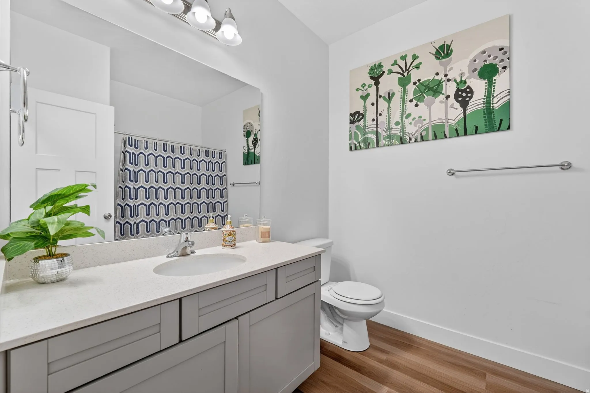 Full bathroom featuring vanity, a shower with curtain, and light wood-type flooring