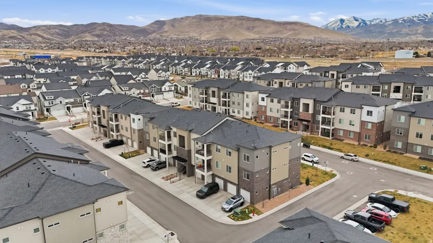 Aerial perspective of suburban area with mountains