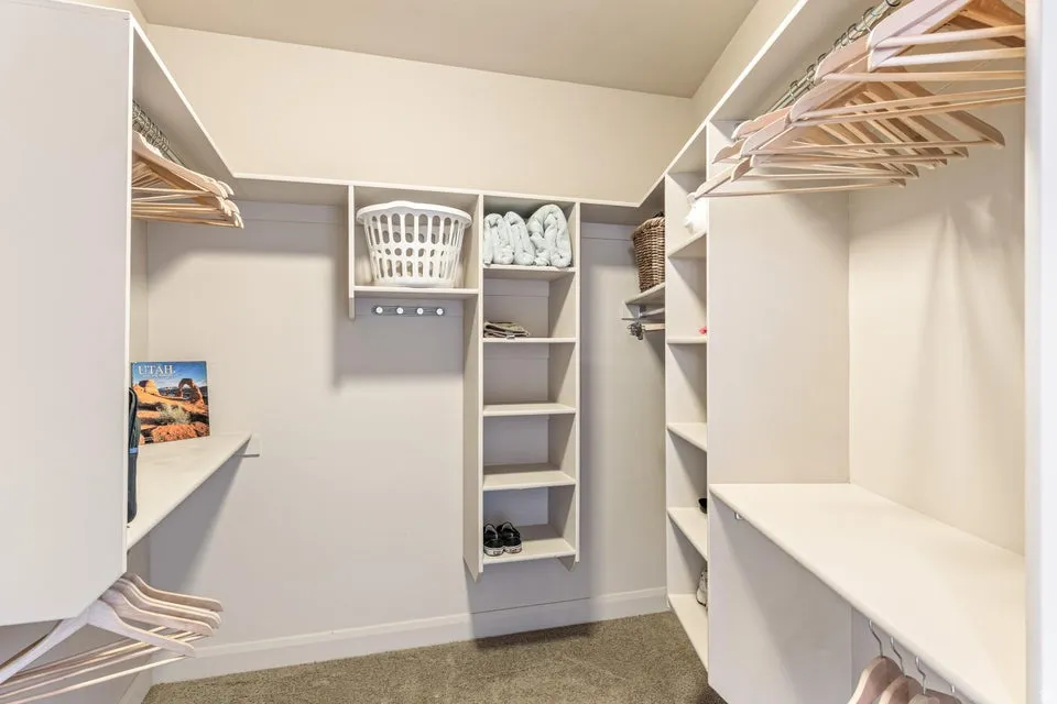 Walk in closet with dark colored carpet