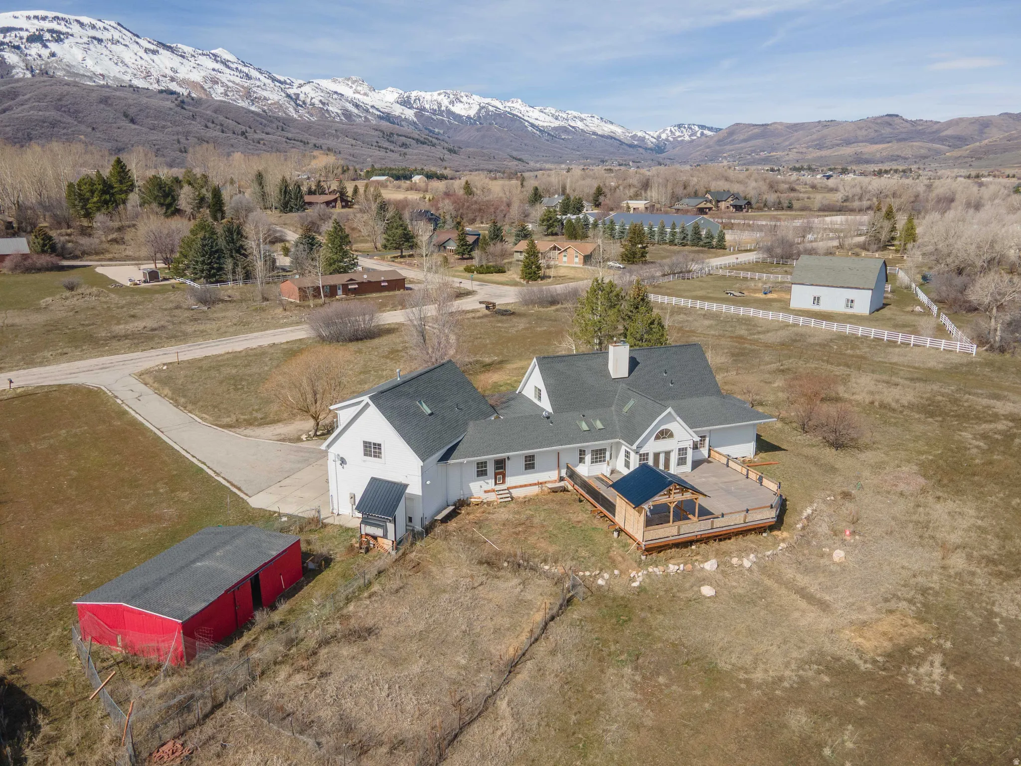 Aerial view of deck and animal barn