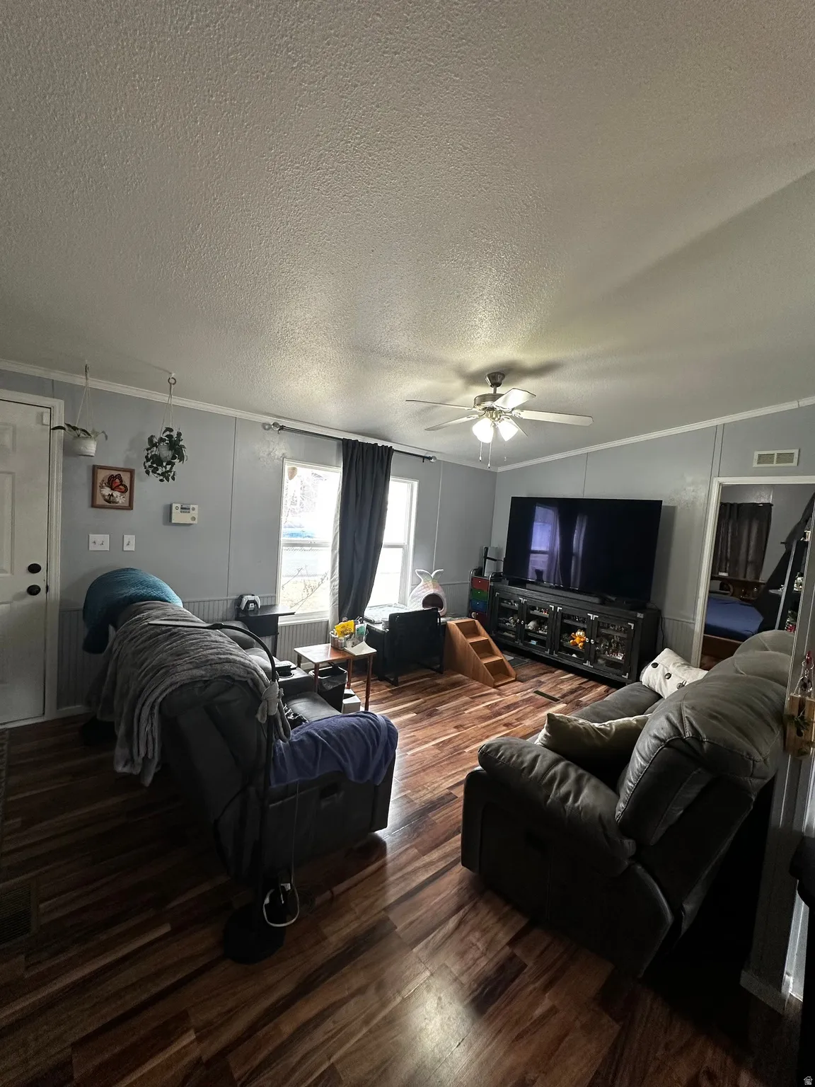Living area featuring wood finished floors, ceiling fan, a textured ceiling, and crown molding