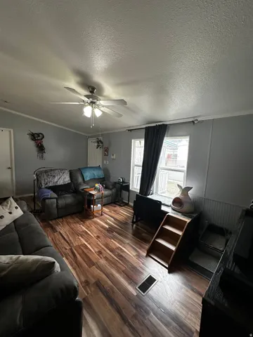 Living room featuring crown molding, dark wood-style floors, a ceiling fan, and a textured ceiling