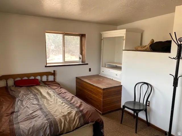 Bedroom with a textured ceiling and dark carpet