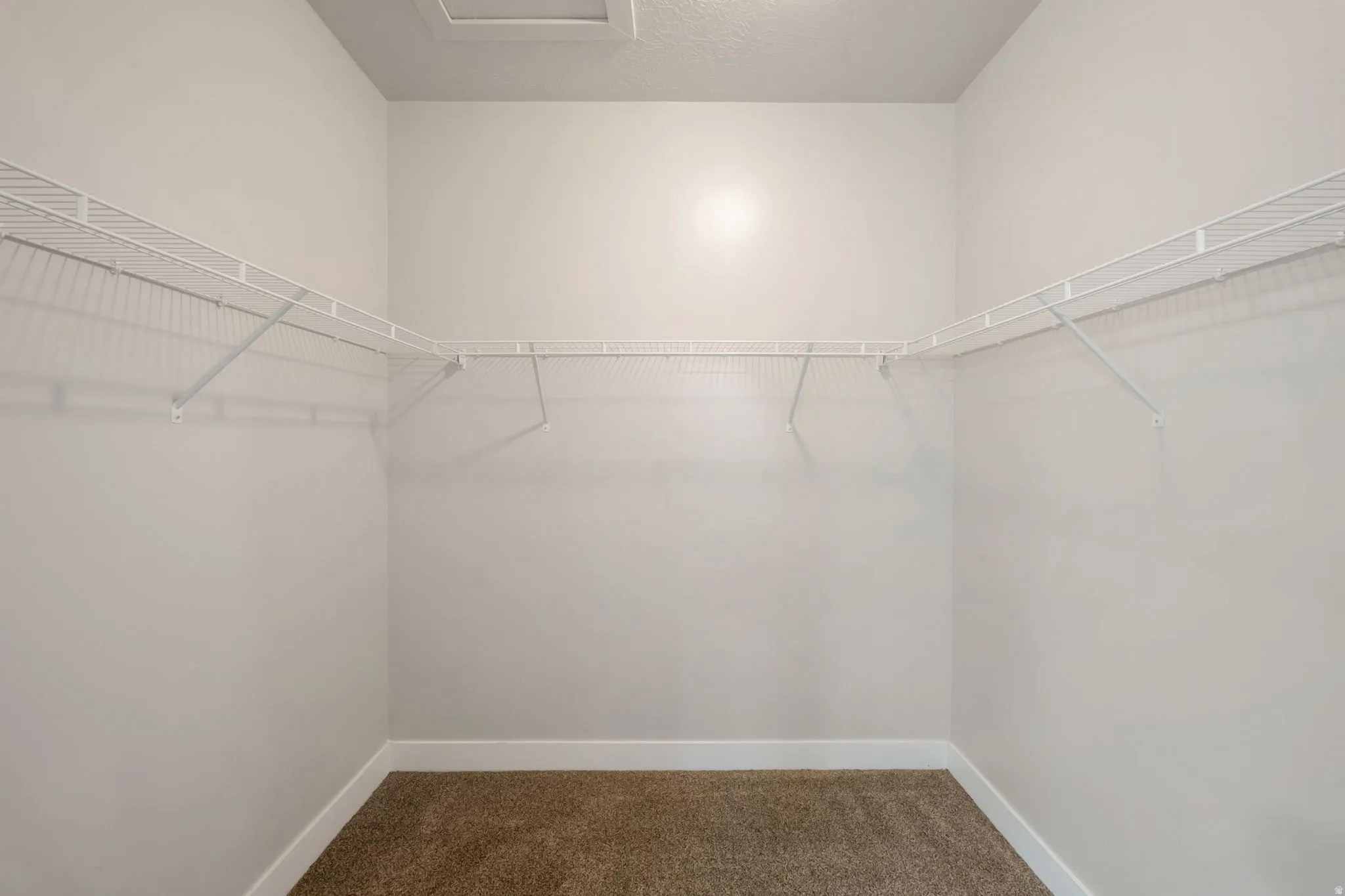 Walk-in closet featuring light beige walls, brown carpet flooring, white baseboards, and white wire shelving