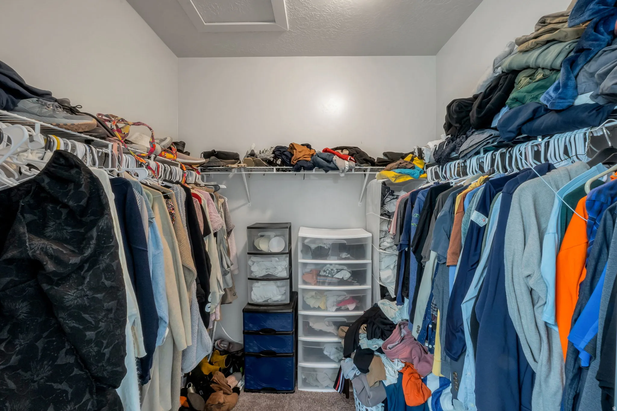 Walk in closet featuring attic access and carpet floors