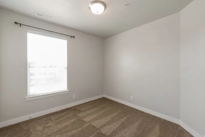 Neutral-toned room featuring a large window with blinds, a ceiling-mounted light fixture, and plush patterned carpeting