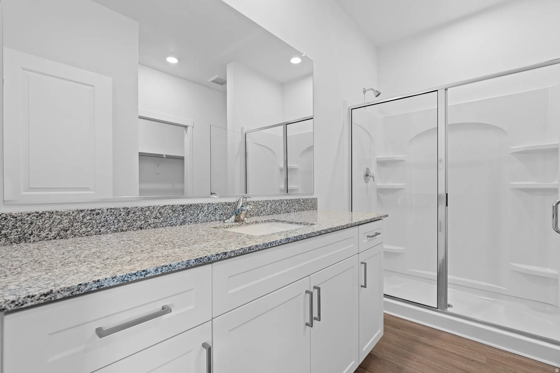 Bathroom with a stall shower, vanity, dark wood-style floors, a spacious closet, and recessed lighting