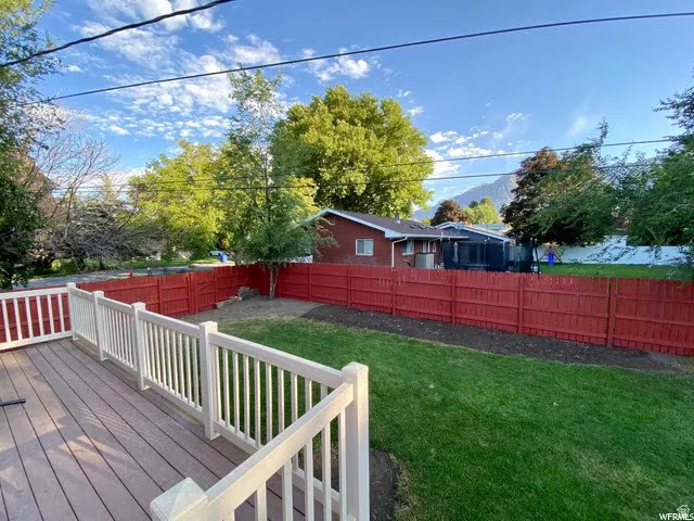 Fenced backyard with a wooden deck