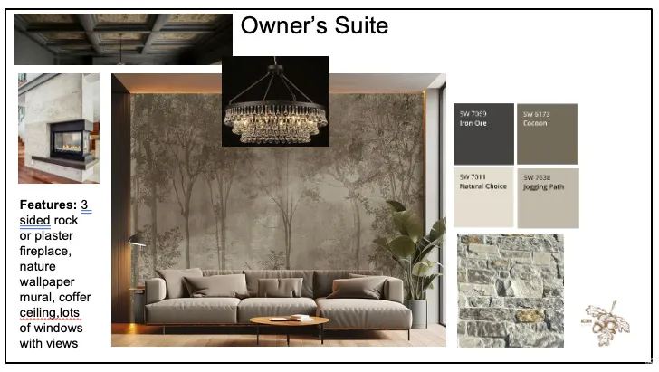 Inspiration Design Board for owner's suite featuring a mural and a three sided fireplace