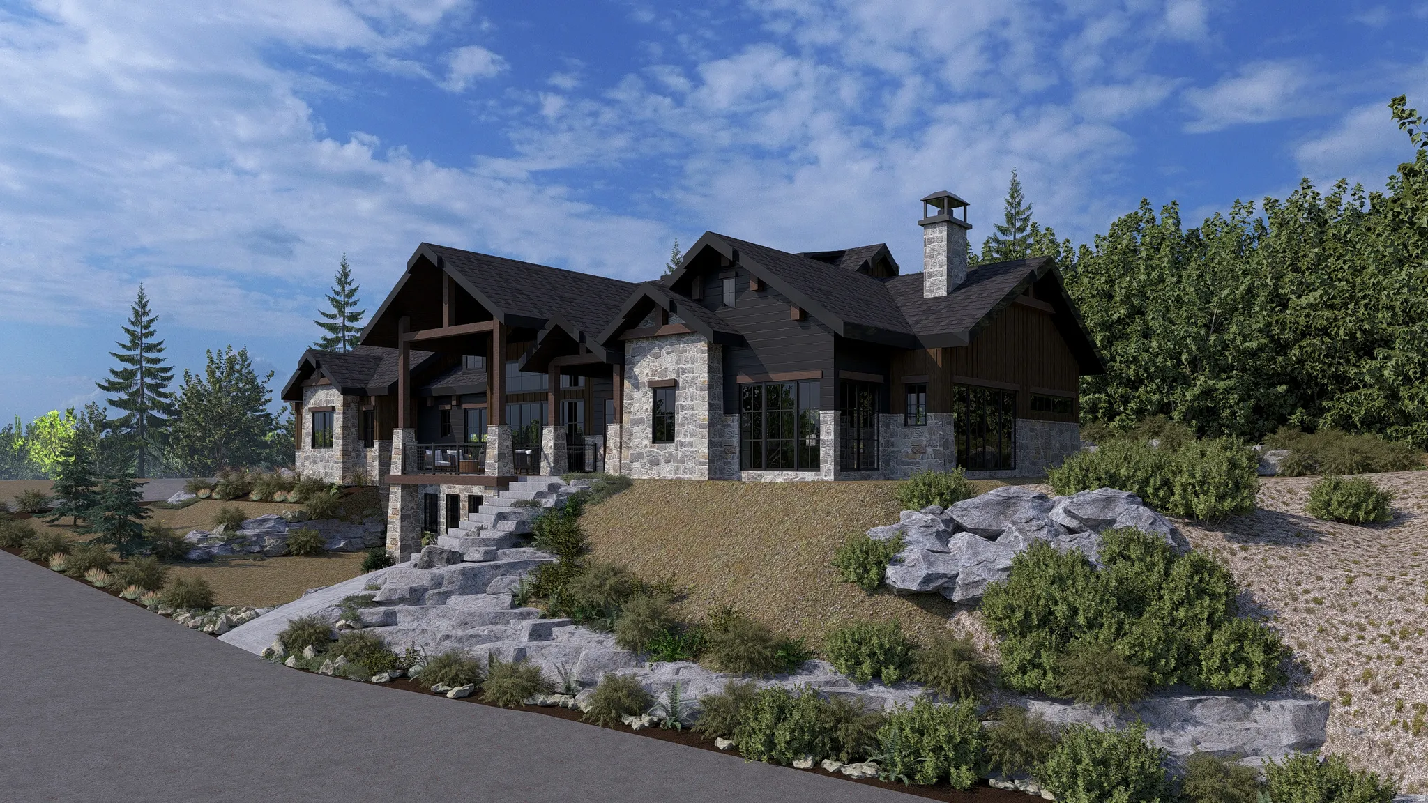 Rendered View of side of home featuring stone siding and a chimney
