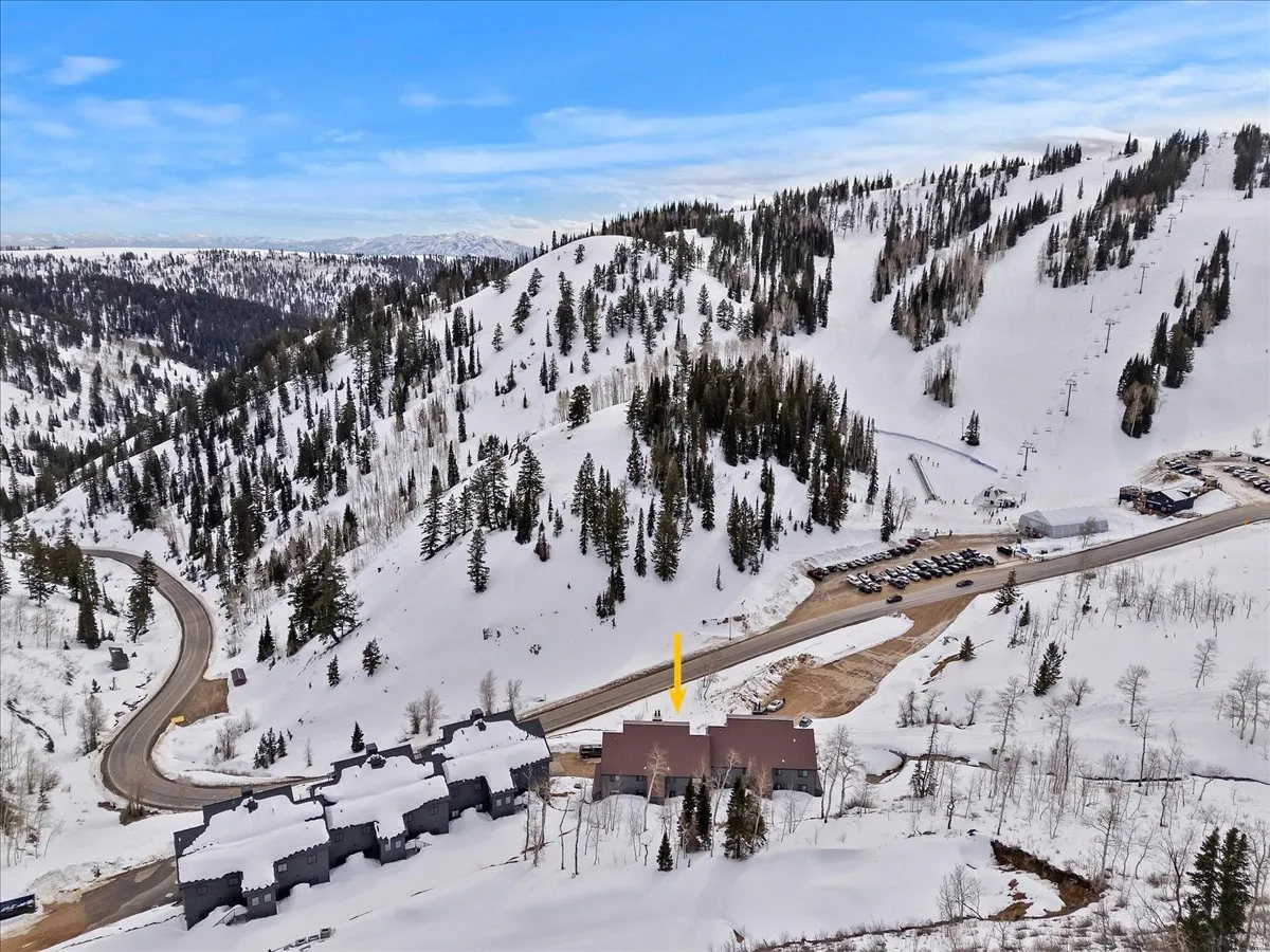 Snowy aerial view featuring a mountain view