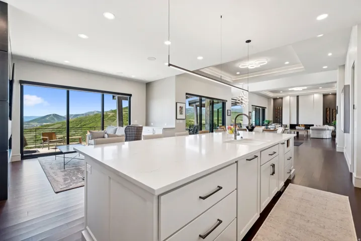 Kitchen featuring open floor plan, a mountain view, dark wood-type flooring, a spacious island, and a tray ceiling