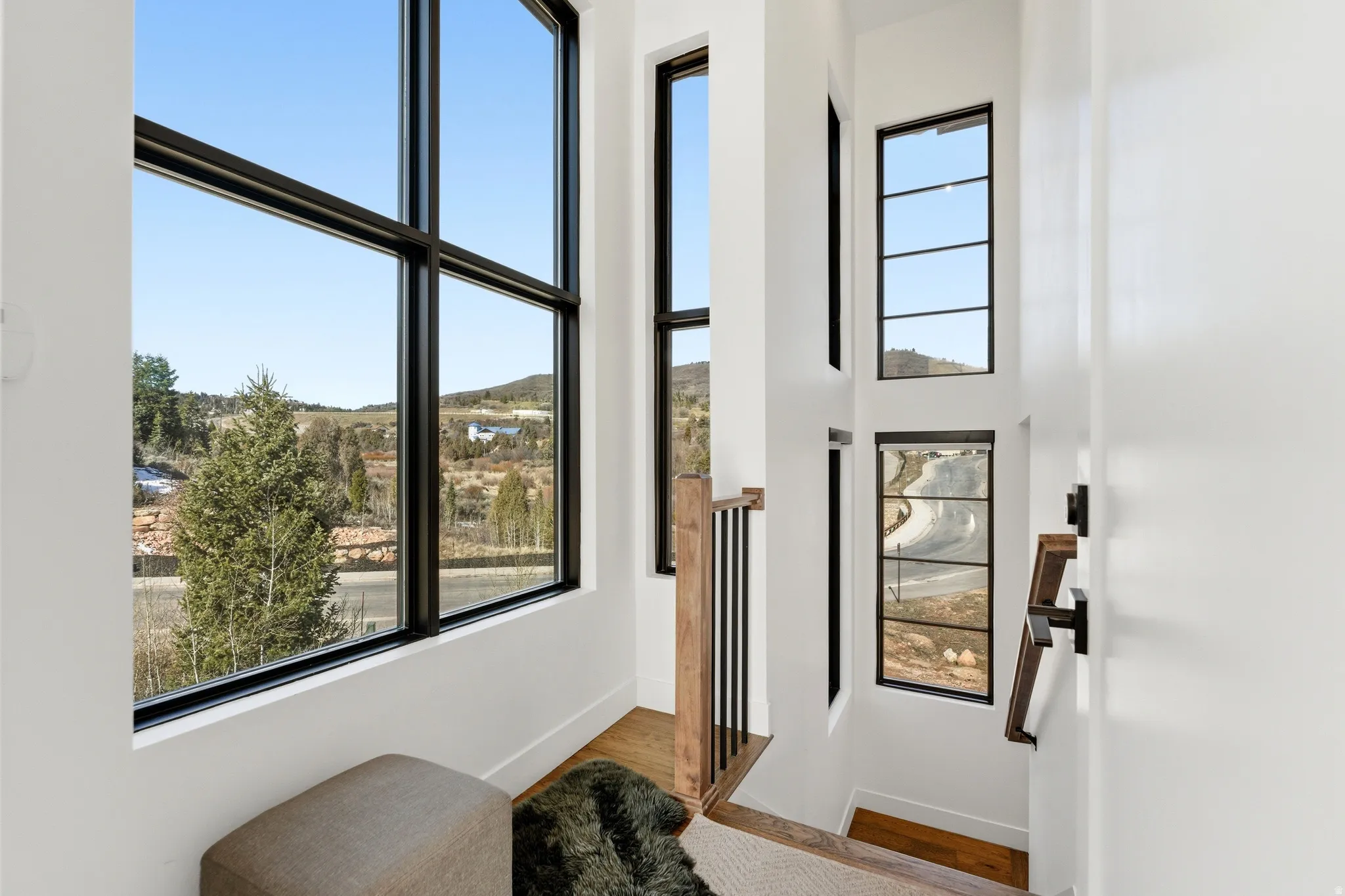 Entryway featuring a high ceiling, a mountain view, and wood finished floors