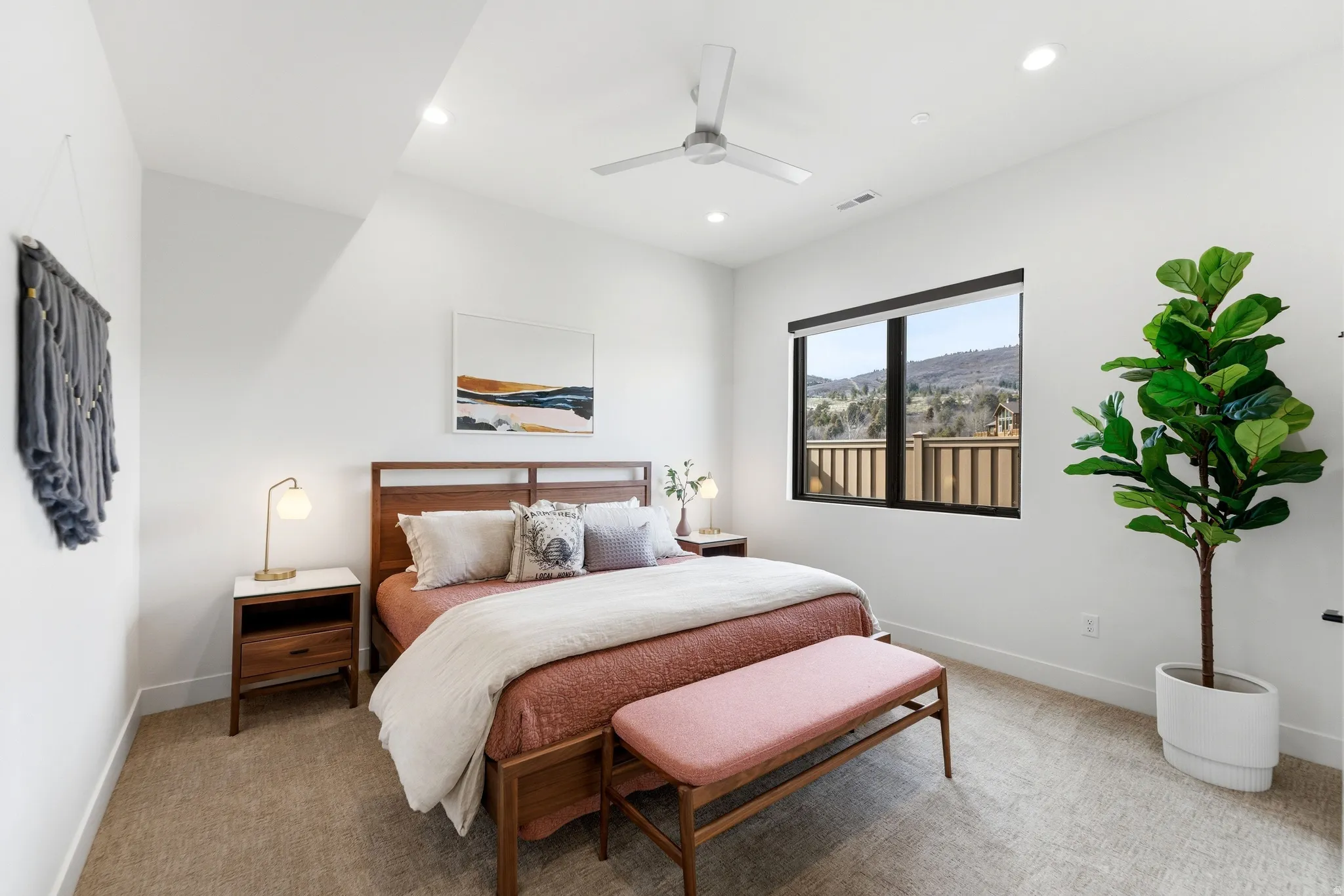 Bedroom featuring ceiling fan, a mountain view, carpet, and recessed lighting