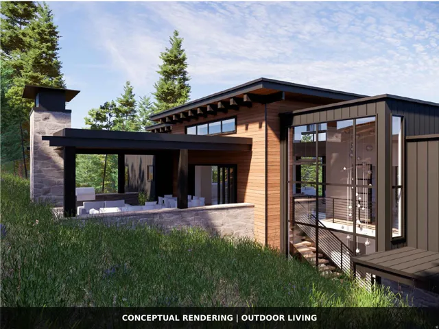 Modern mountain-style residence featuring a stone chimney, extensive wood siding, and large glass panels