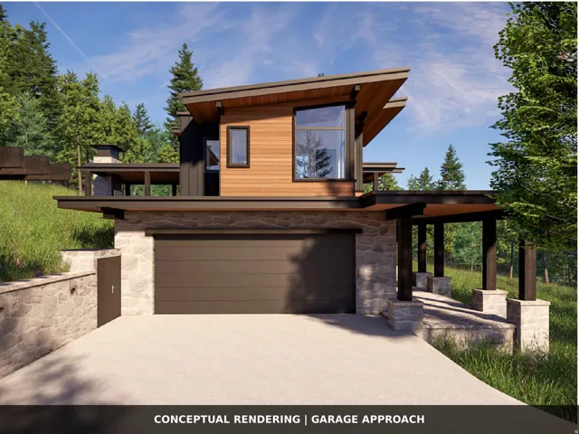 Modern architectural design featuring stone facade, wood siding, and multiple large windows