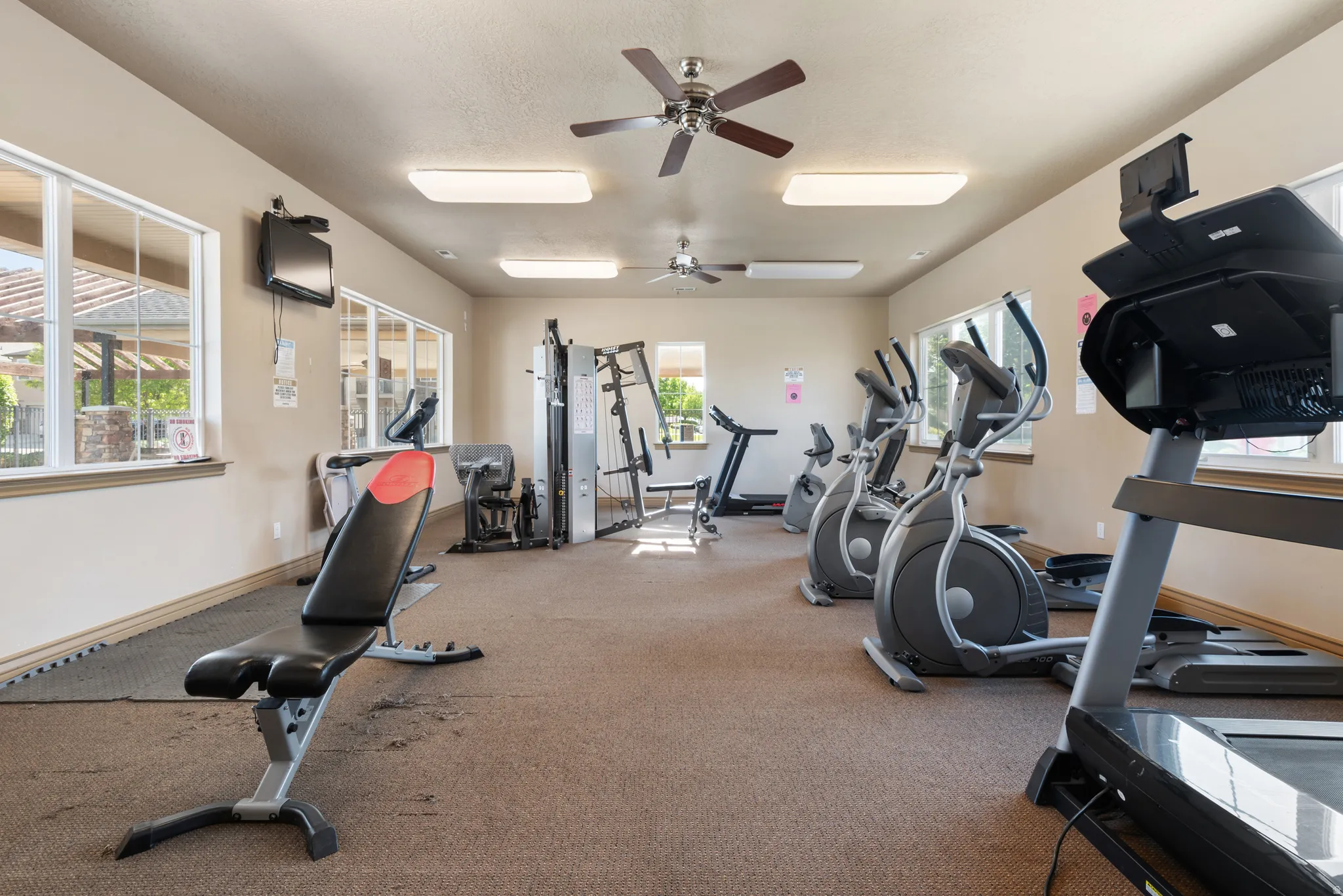 Workout area with ceiling fan