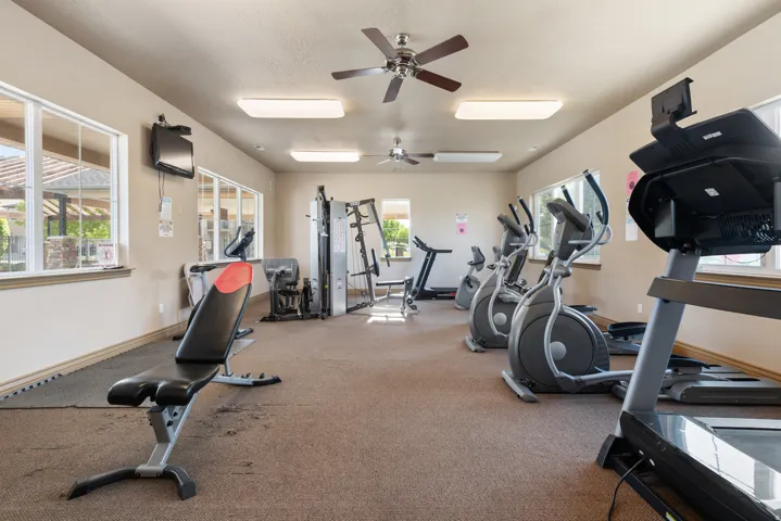 Workout area with ceiling fan