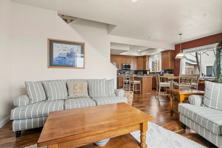 Living room with dark wood-type flooring