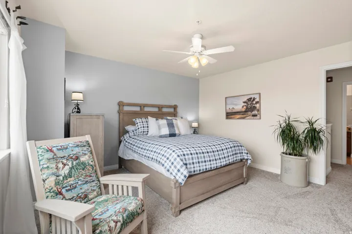 Bedroom featuring carpet and ceiling fan