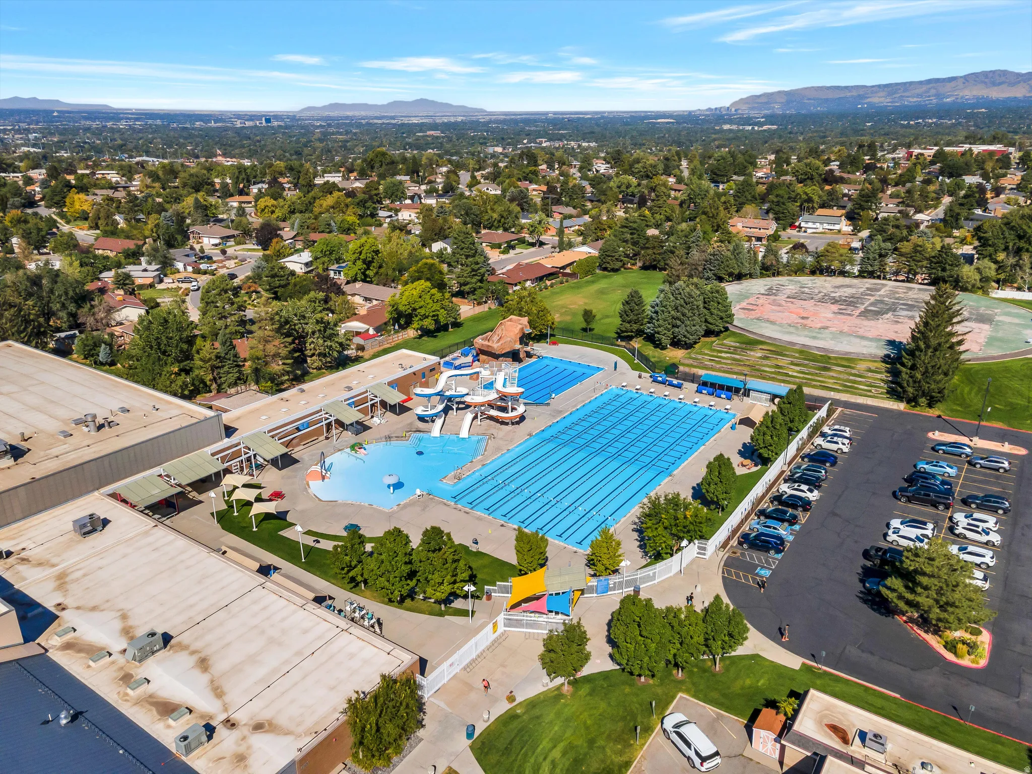 Aerial view of mountains and a pool