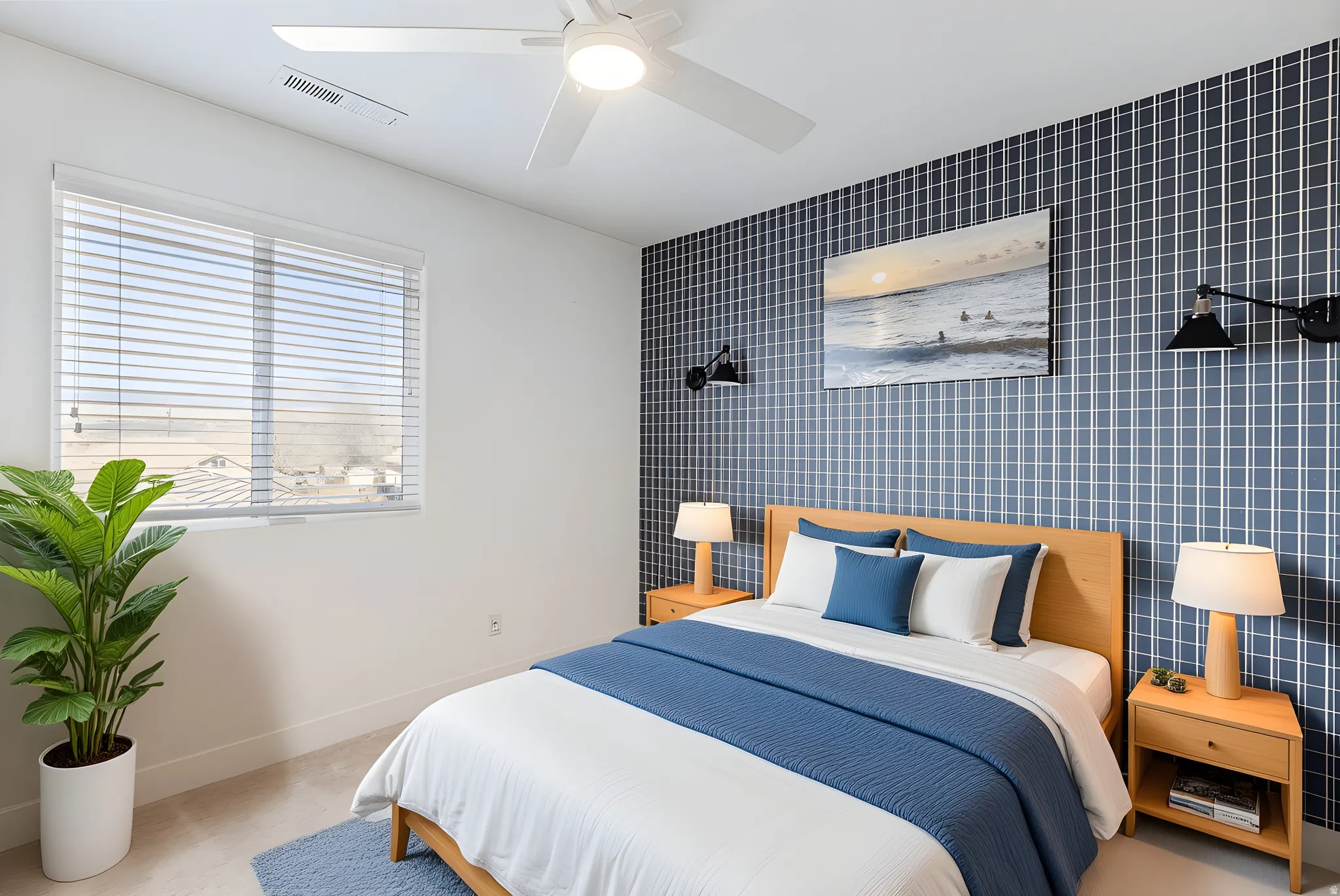 Bedroom featuring an accent wall and ceiling fan