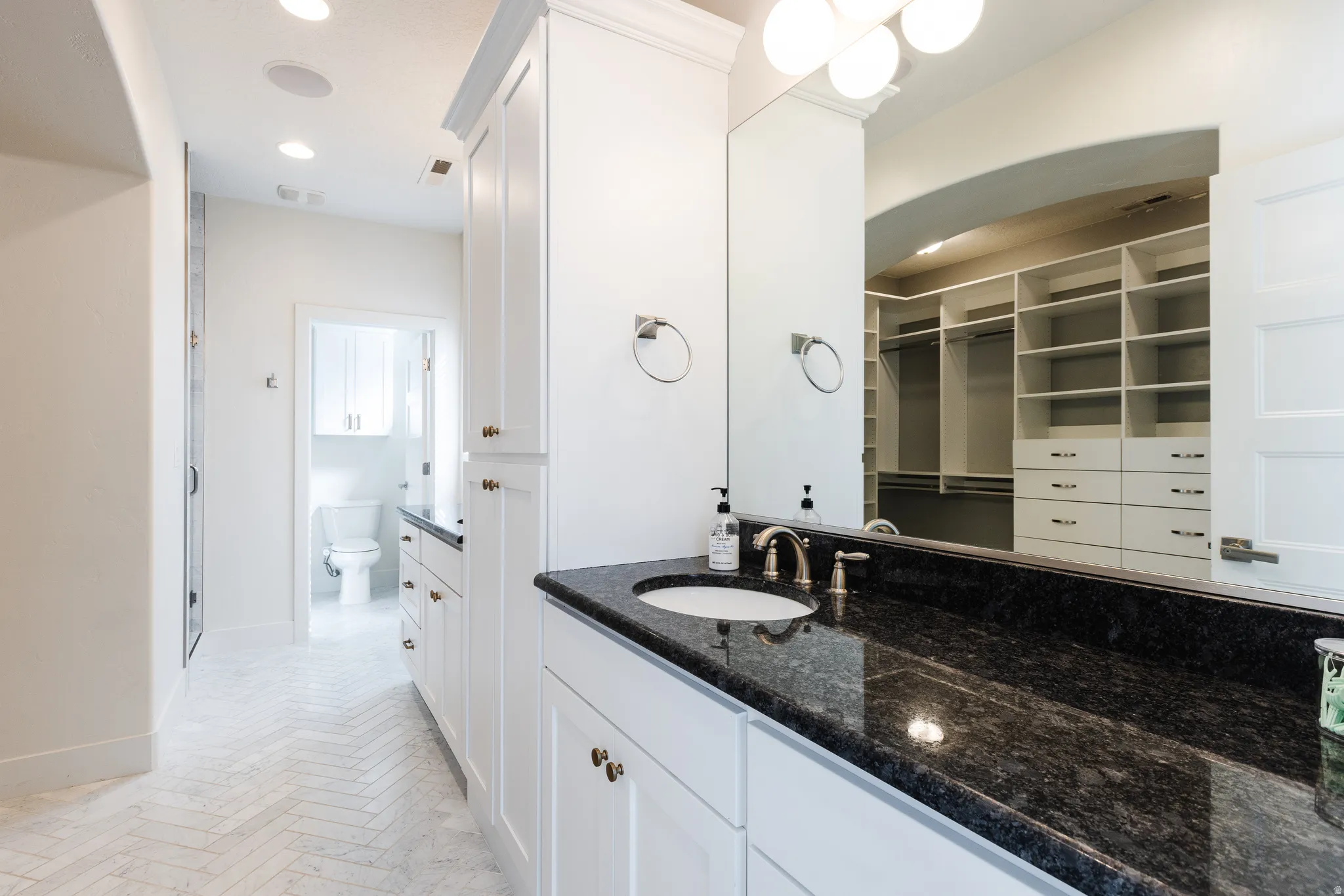 Bathroom featuring vanity, a spacious closet, and recessed lighting