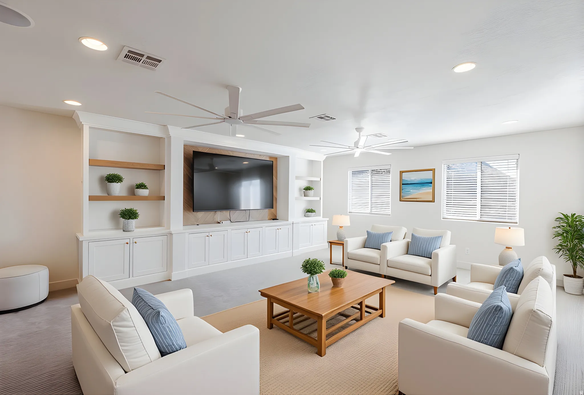 Living room featuring built in features, carpet floors, a ceiling fan, and recessed lighting