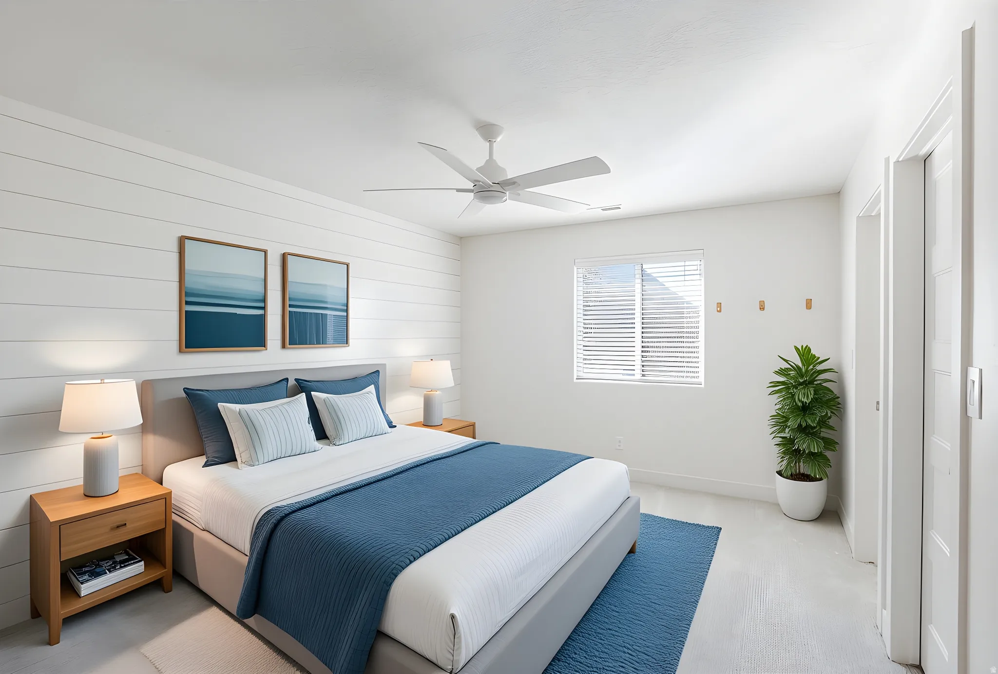 Bedroom with ceiling fan and wooden walls