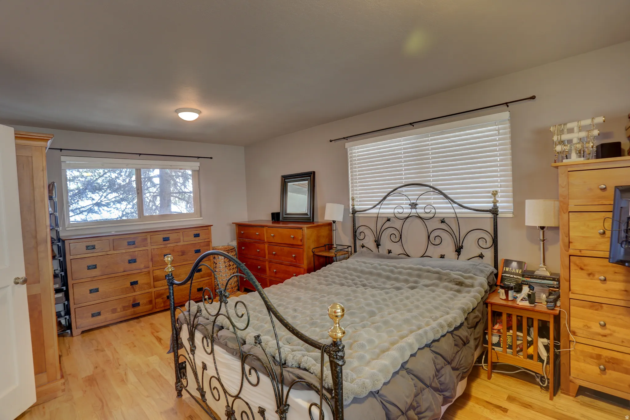 Bedroom with light wood-type flooring and multiple windows