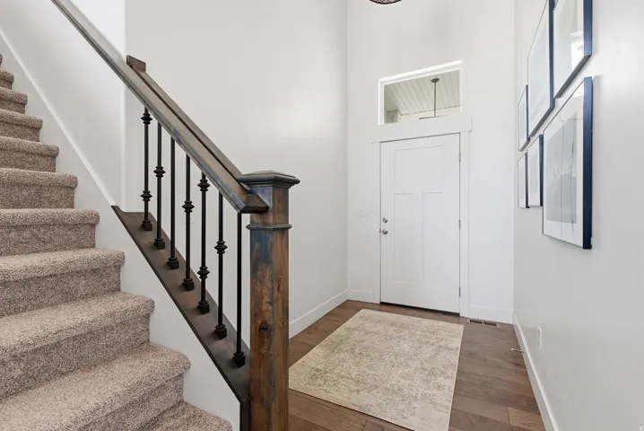 Entrance foyer with dark wood-style floors and a high ceiling