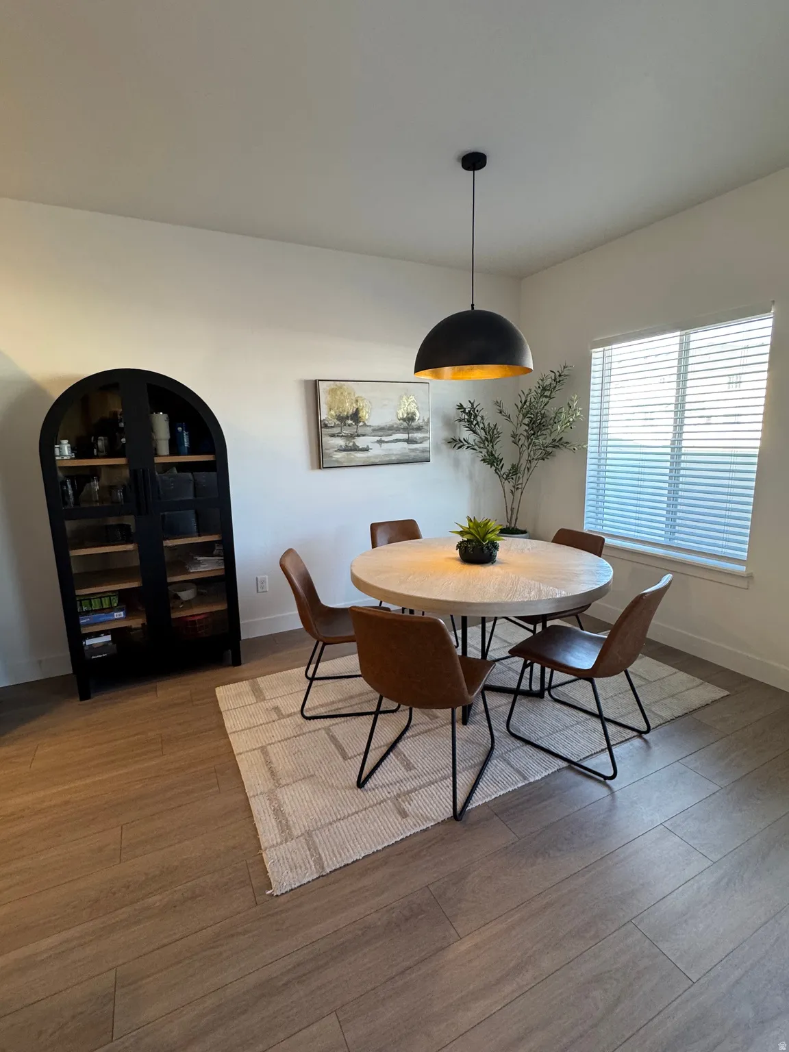 Dining room with wood-type flooring and baseboards