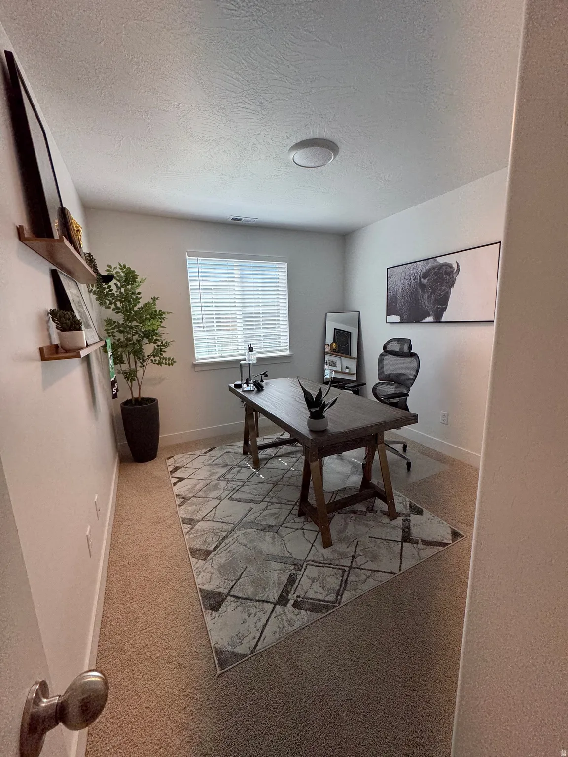 Office area featuring a textured ceiling and light carpet