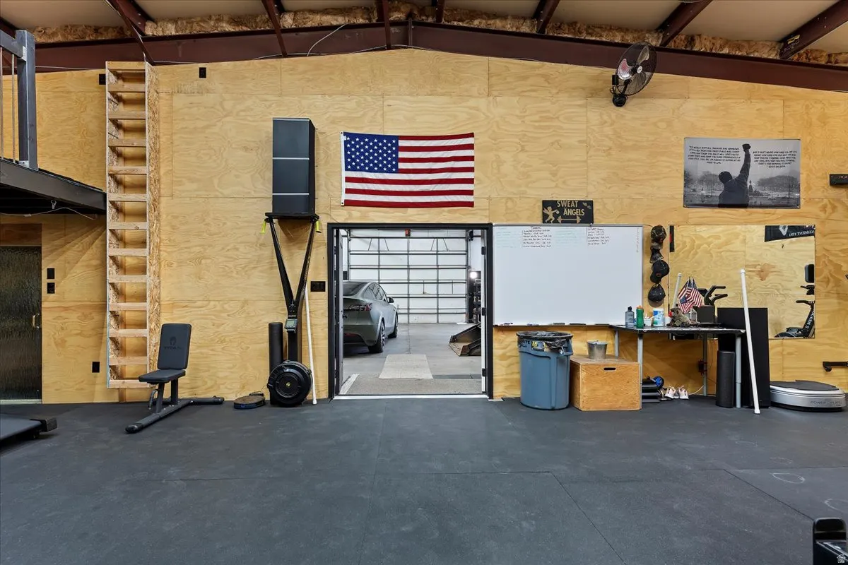 Garage featuring a workshop area