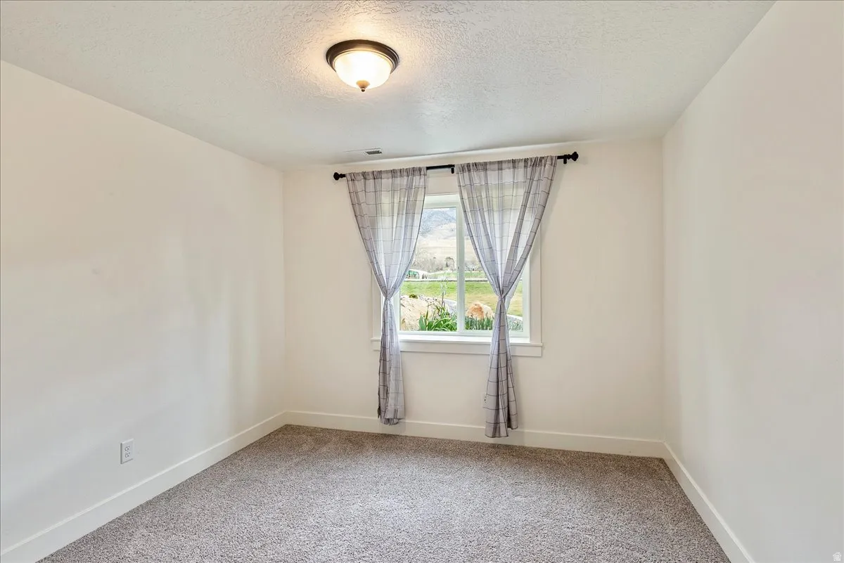 Spare room with a textured ceiling and light colored carpet