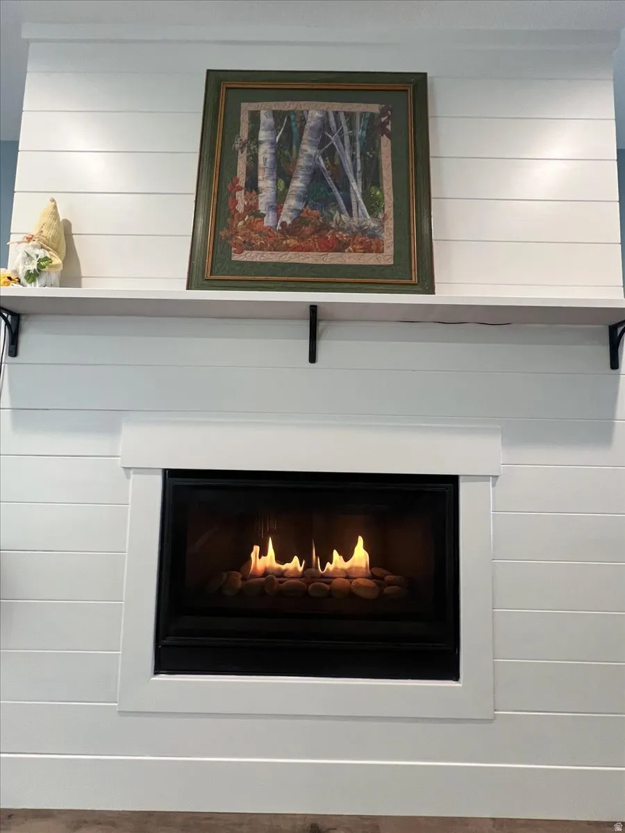 Detailed view of a lit fireplace